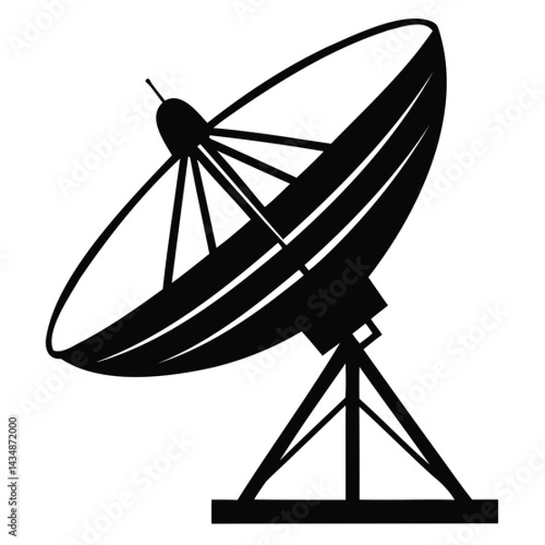 Fototapeta A black silhouette of a satellite dish, shown at an angle with the parabolic reflector and supporting stand isolated on transparent background