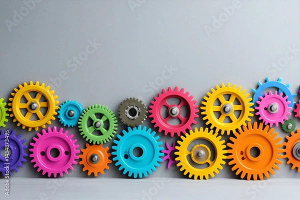 Fototapeta playful background with scattered colorful gears and cogs on a light gray backdrop