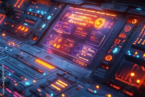 Obraz Futuristic control panel, spaceship interior, data display, orange lighting, sci-fi background, technology concept