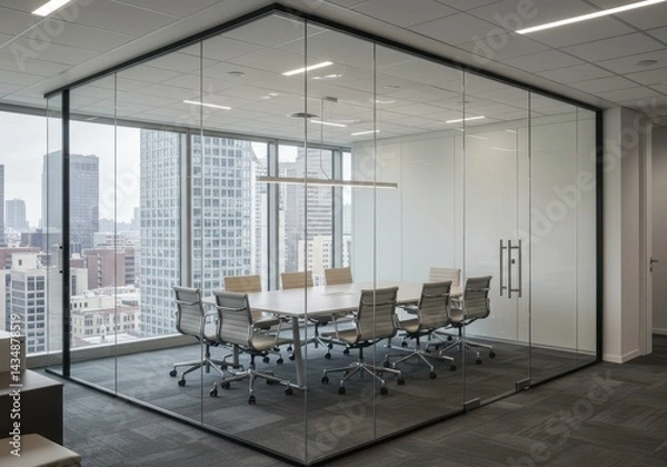 Fototapeta Conference room with glass walls and a view of the city from a high rise building office space