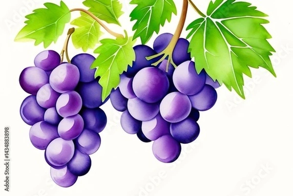 Fototapeta Watercolor painting drawing illustration, isolated on white background, two bunches of grapes, green leaves and stalks, looking fresh still hanging