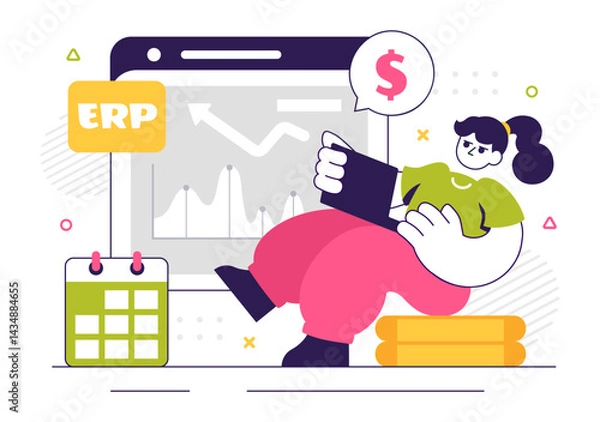 Fototapeta ERP Enterprise Resource Planning System Vector Illustration featuring Business Integration, Productivity Improvement, and Company Enhancement