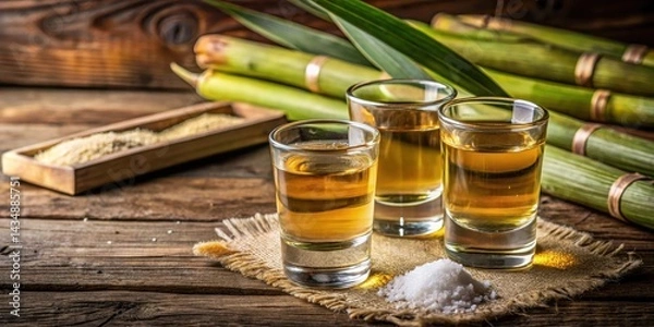 Fototapeta Two glasses of Brazilian gold spirit with sugar and sugarcane on a rustic wooden table, surrounded by natural elements