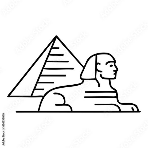 Fototapeta Line art icon of the Great Sphinx and pyramid, symbolizing Egyptian landmarks, ancient history, and cultural tourism destinations.