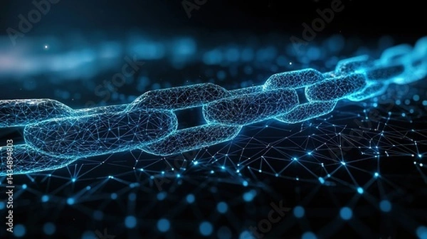 Fototapeta Digital blue chain with glowing mesh connections on each link, symbolizing blockchain technology, data security, and interconnected digital networks on a futuristic background.