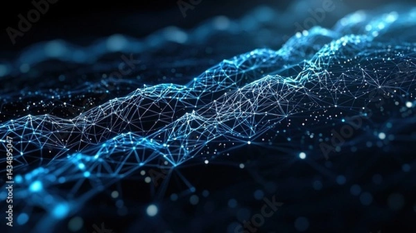 Obraz Digital blue chain with glowing mesh connections on each link, symbolizing blockchain technology, data security, and interconnected digital networks on a futuristic background.