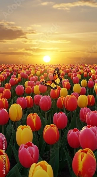 Obraz Sunset Serenade: Tulip Fields & Monarch AI Generated