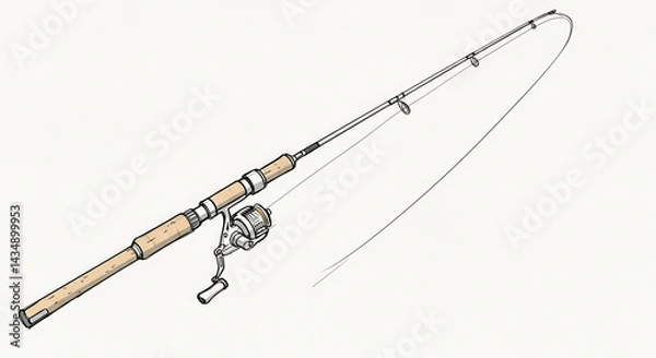 Fototapeta Fishing rod illustration with reel and line for recreational activities