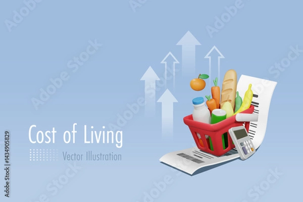 Fototapeta High cost of living, high graph on grocery foods and drinks in shopping basket. Money spending on expensive food and drink price, economic and inflation concept. 3D vector.