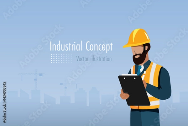 Fototapeta Engineering worker writing on check list board with construction building and crane background. Industrial, construction and safety first concept. Vector.