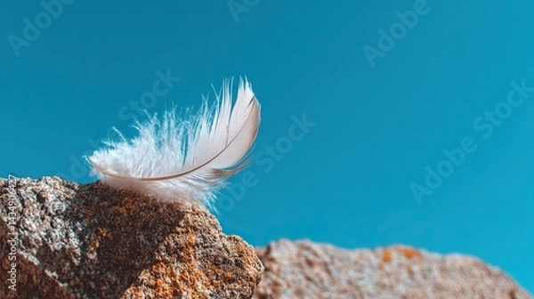 Obraz A white feather rests on a rock with a beautiful blue sky in the background. The image shows the high-resolution and ultra-realistic look of the product.
