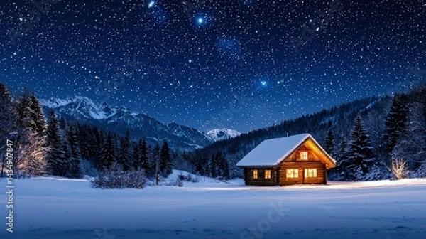 Obraz A peaceful mountain cabin bathed in starlight on a winter's night.