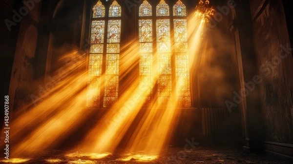 Obraz Intense golden light beams through stained glass windows in a dark church.