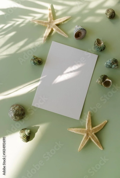 Fototapeta Empty paper blank card mockup, seashells, stars and palm leaves shadow top view on light green background. Summer vacation, travel backdrop.Neutral colors