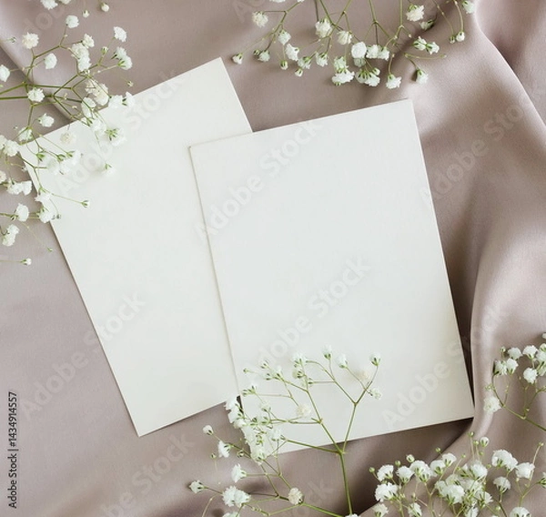 Fototapeta Greetings cards blank mockup and white flowers frame on grey silk texture background with copy space.Top view. Empty blank, greeting card mock up, template, Mother's day backdrop. 