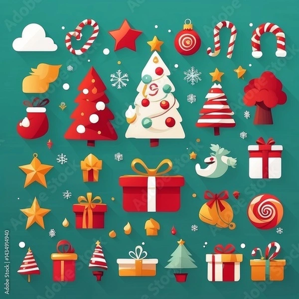 Fototapeta Cheerful Flat Design Vector Christmas Icon Set with Festive Symbols

