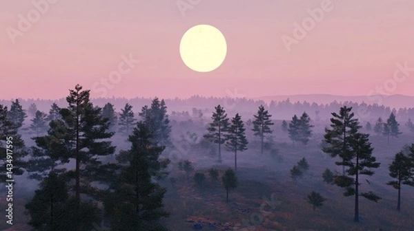 Fototapeta Misty forest at dawn. Lush pines, soft light, serene scene