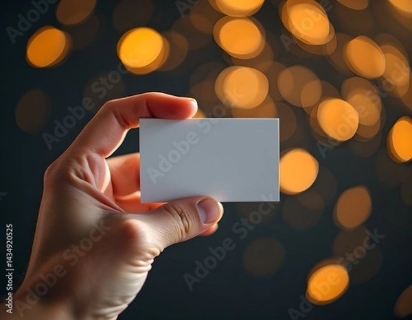 Fototapeta Hand holding blank mockup business card with glowing bokeh lights background