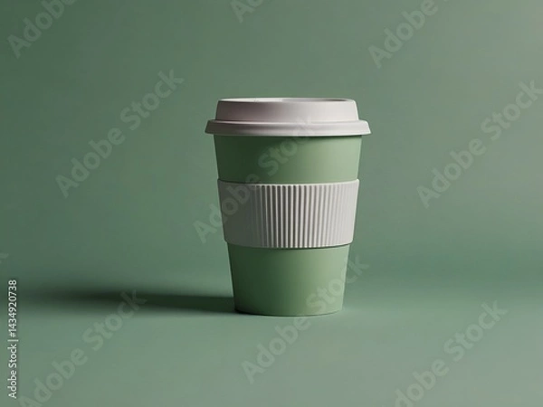 Fototapeta Minimalist green coffee cup with white lid and grip on green background