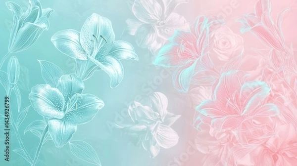 Fototapeta Radiant pastel gradient of aqua and baby pink with barely-there floral outlines of lilies and roses, creating a soft and elegant background.