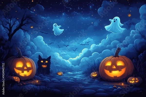 Obraz Halloween night, spooky path, ghosts, pumpkins