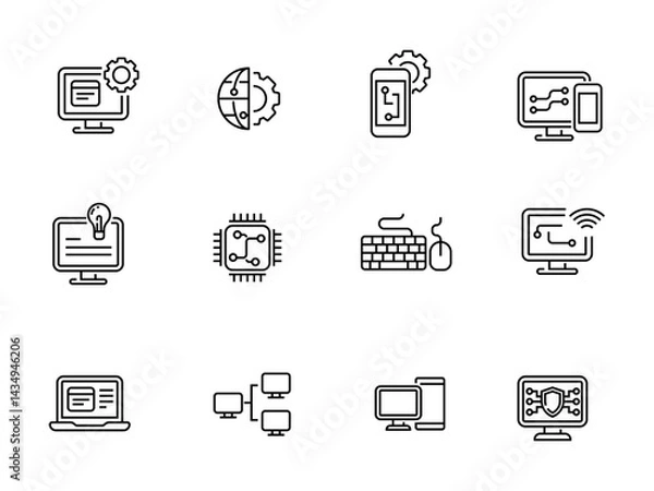 Fototapeta Set of computer and technology icons with linear style on a white background