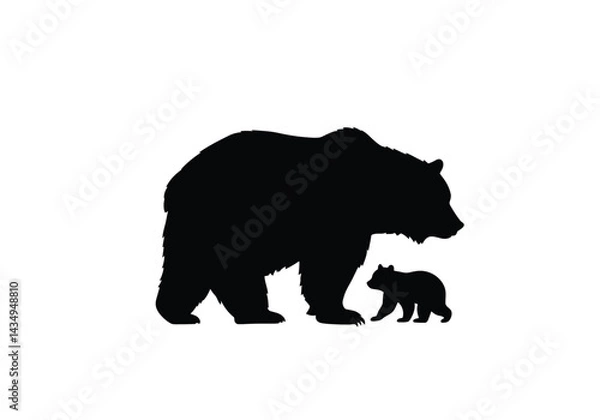 Obraz Bear and cub silhouette. This image shows a black silhouette of a bear and its cub standing side by side, symbolizing wildlife and familial bond. Vector clipart illustration design.