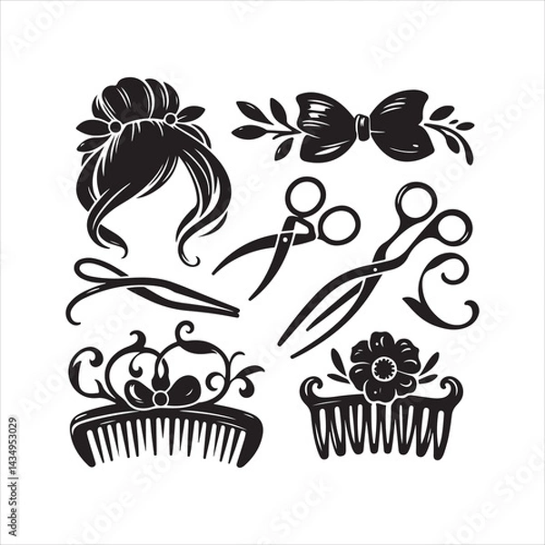 Obraz Hairstyling Tools and Accessories: Scissors, Combs, Bows, and Elegant Updo