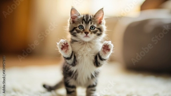 Fototapeta Kitten standing with paws up on carpet