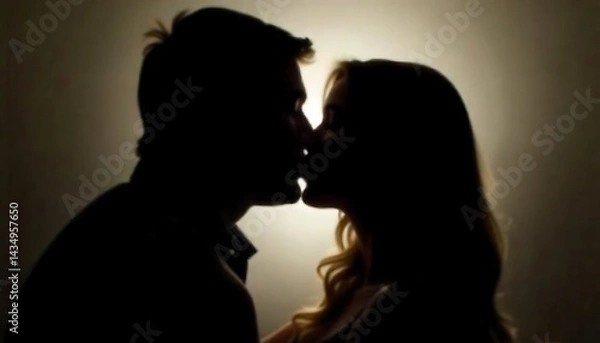 Fototapeta passionate kiss between two people, their faces obscured in the shadows, with soft lighting and a blurred background created with generative ai