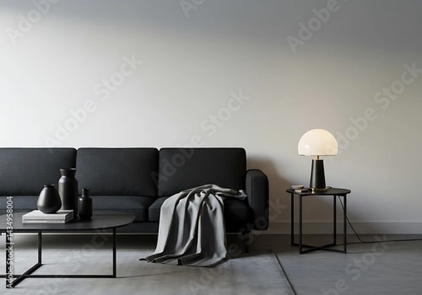 Fototapeta A modern living room with a black sofa, coffee table, lamp, and minimalist decor elements present