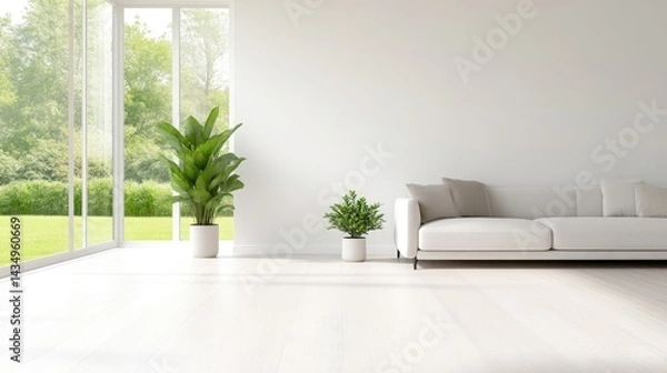 Obraz A modern white sofa with green plants in a minimalist living room, large floor-to-ceiling windows showcasing a lush garden view, and bright and airy interior design concept.