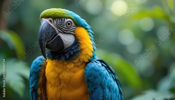 Fototapeta Close up portrait of a blue and yellow macaw with green foliage in the background