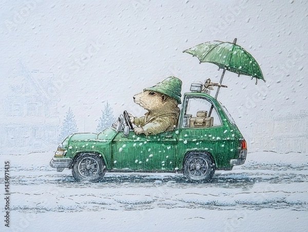 Fototapeta Charming Gopher's Snowy Day Drive: A Whimsical Illustration