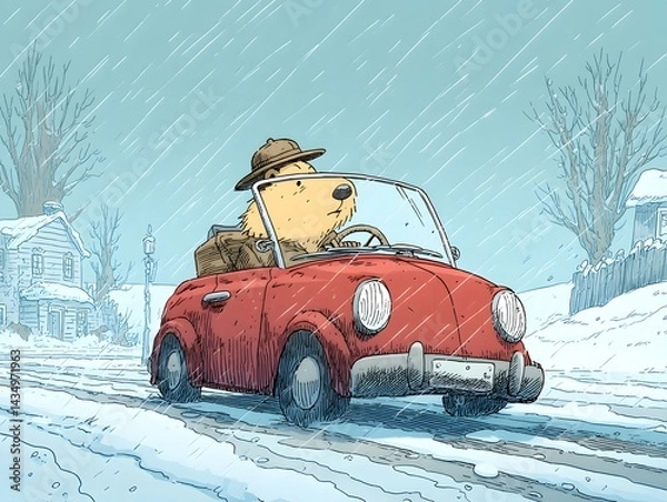 Fototapeta Dog in Red Car: A Snowy Day's Whimsical Journey