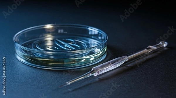 Obraz Transparent petri dish with liquid and pipette on dark surface.
