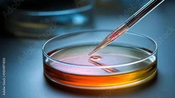 Obraz Close-up view of a petri dish with liquid and a pipette.