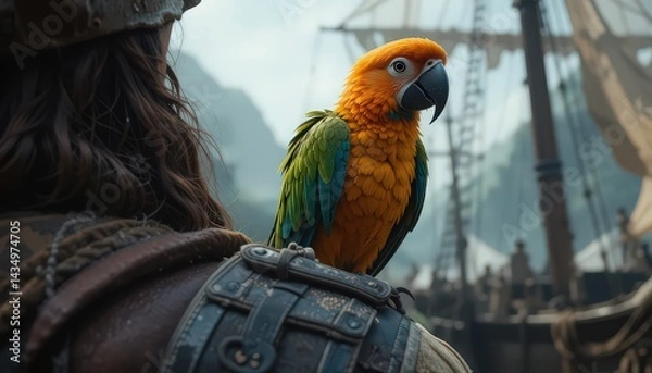 Fototapeta A vibrant macaw perched on the shoulder of a pirate with a ship in the background