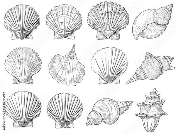 Fototapeta Seashell Sketch Collection: Elegant Line Art of Coastal Treasures
