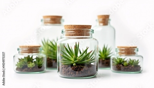 Obraz A set of recycled glass terrariums with cork lids, arranged on a white background, with sparkling glass and sharp details, high resolution, studio quality.