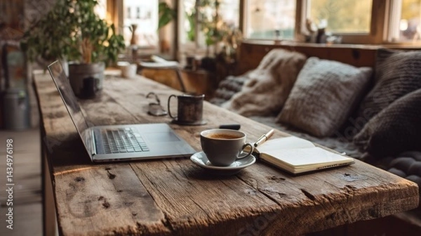 Obraz Rustic wooden table setup for remote work or relaxation.