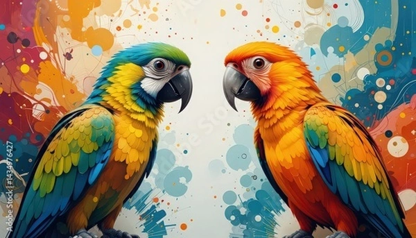 Fototapeta Two colorful parrots facing each other against a vibrant abstract background art