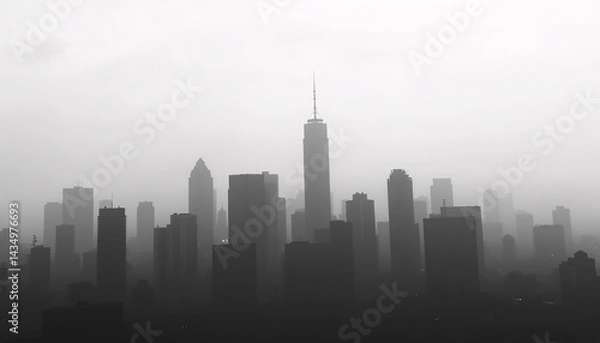 Fototapeta Black and White Skyline of a City Shrouded in Mist During Early Morning Hours With Minimalistic Shapes and Deep Contrast.