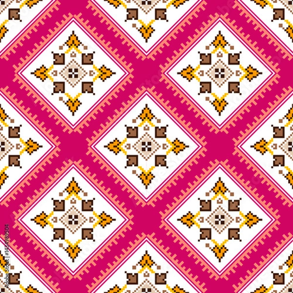 Obraz Tribal indian seamless pattern. Color mexican, aztec and maya ornament, ethnic stylish fabric geometric print wallpaper texture vector set. Unique folk, national culture collection