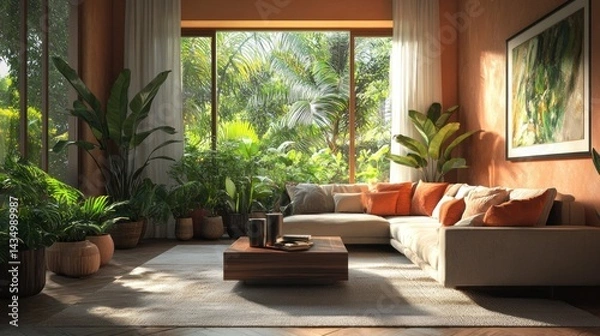 Fototapeta serene indoor oasis a tropical haven blending nature and modern living with lush greenery streaming through expansive windows into a calming interior