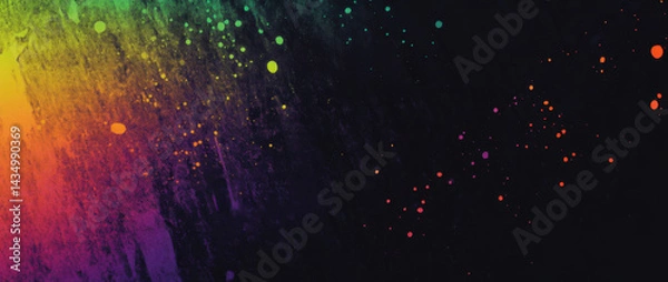 Fototapeta Vibrant gradient of rainbow colors against black background, featuring splashes and dots that create dynamic and energetic feel. This colorful design evokes creativity and joy