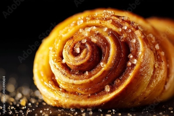 Fototapeta cinnamon roll spiral with melted butter visible between layers, dark background making the golden pastry glow, tiny sugar crystals sparkling