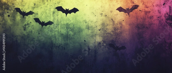 Fototapeta Colorful rainbow gradient background with black bats flying, creating spooky yet vibrant atmosphere. blend of colors adds unique touch to eerie scene