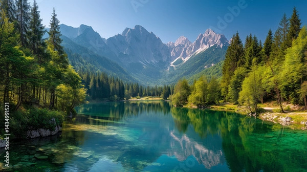 Fototapeta Colorful summer view of Fusine lake. Bright morning scene of Julian Alps with Mangart peak on background, Province of Udine, Italy, Europe. Traveling concept background