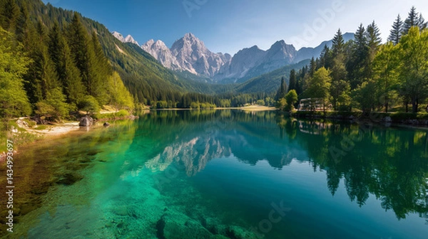 Fototapeta Colorful summer view of Fusine lake. Bright morning scene of Julian Alps with Mangart peak on background, Province of Udine, Italy, Europe. Traveling concept background